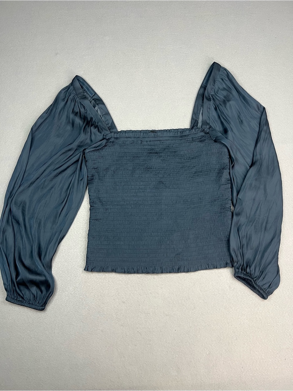 J. Crew Square Neck Smocked Featherweight Satin Cropped Top Blouse Deep Midnight